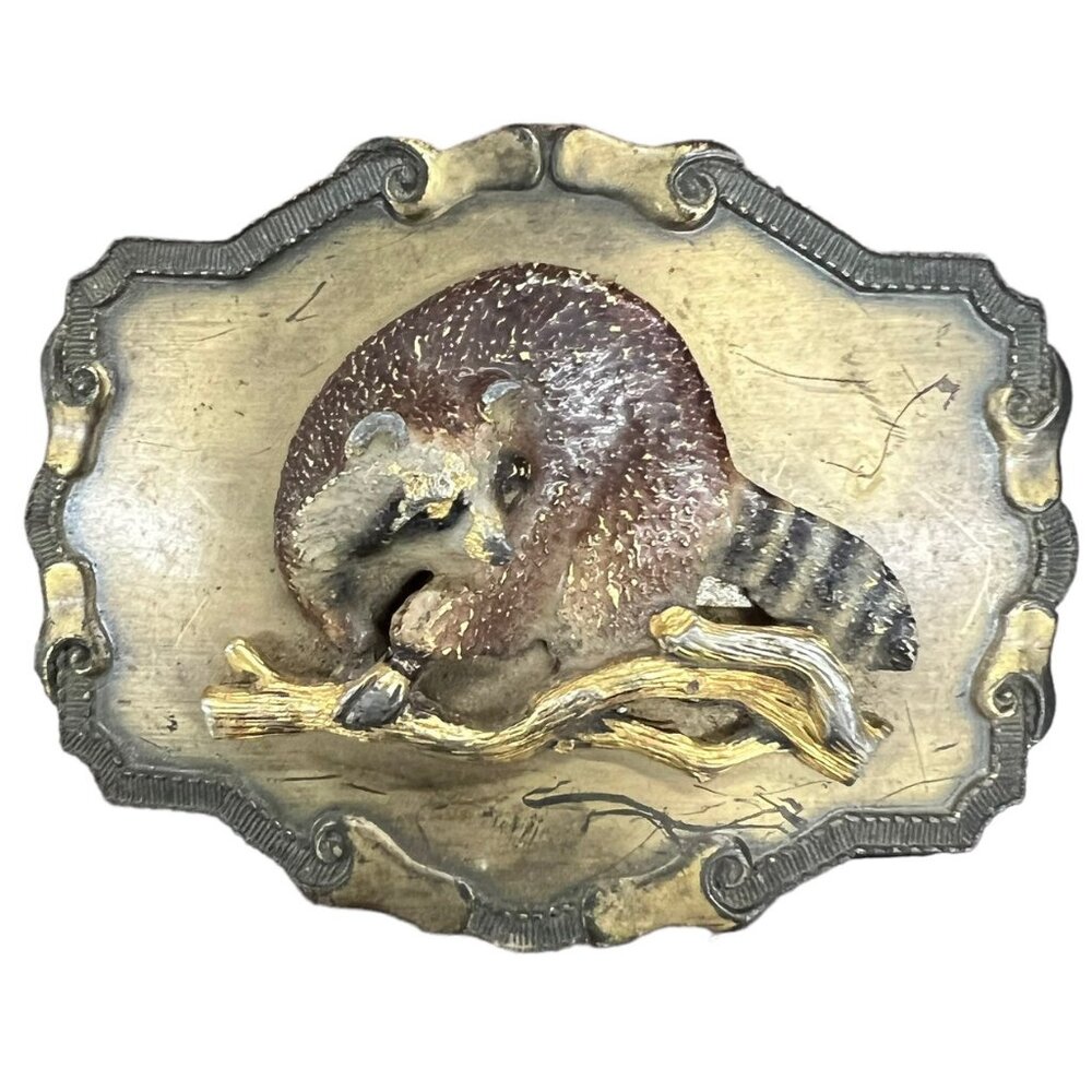 Raccoon Vintage 1977 Raintree Men's Brass Belt Buckle 3D Enamel 3.75" Retro 70's